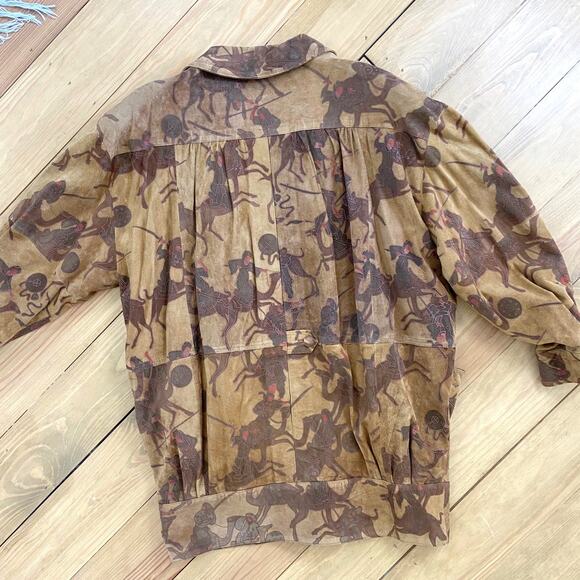 Vintage 80s Novelty Camels Men Fighting War Suede Leather Coat Elegance Boutique - Picture 2 of 15